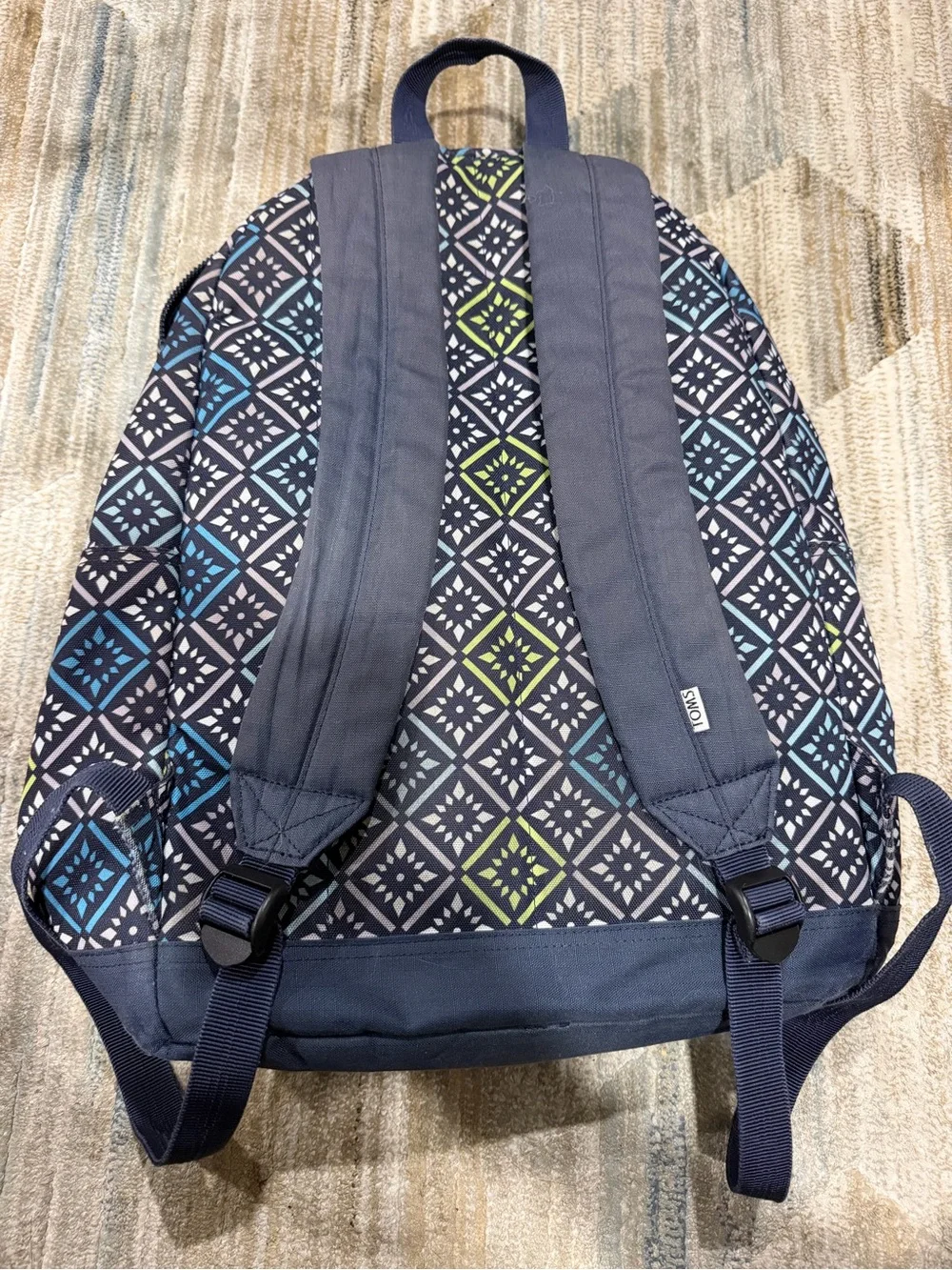 TOMS Navy Backpack with Blue and Lime Geometric Print
